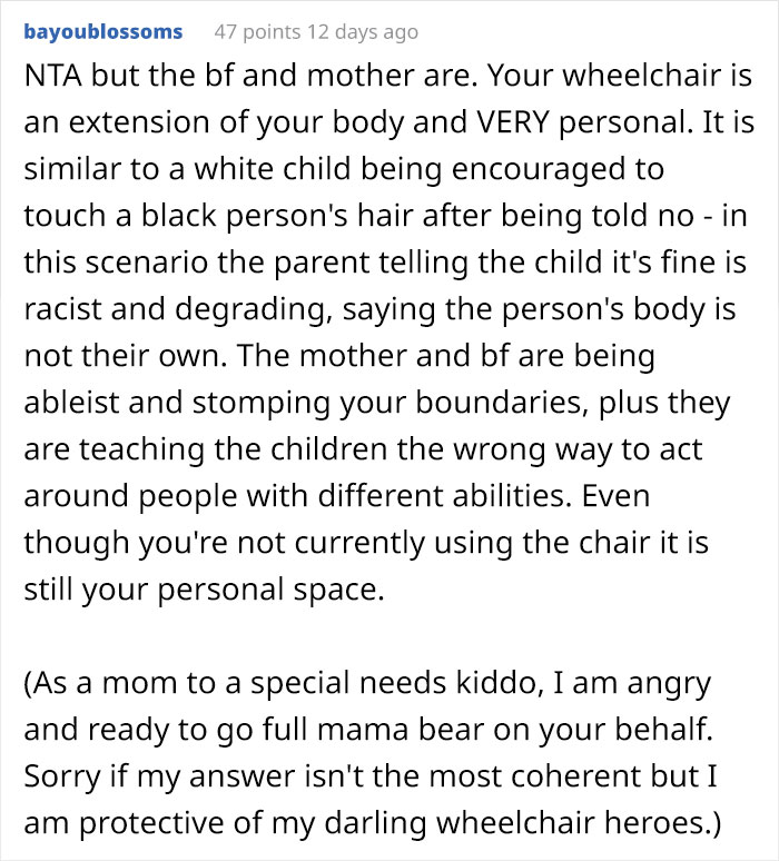 Woman Blamed For Ruining The Evening After Asking Partner’s Nephews Not To Play With Her Wheelchair, Asks The Internet If She Overreacted Woman Blamed For Ruining The Evening After Asking Partner’s Nephews Not To Play With Her Wheelchair, Asks The Internet If She Overreacted