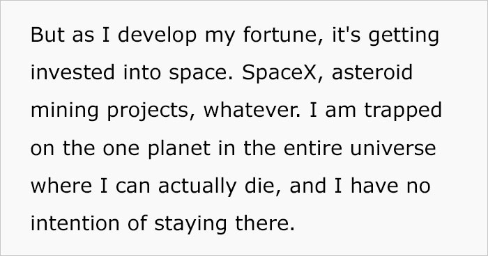Text excerpt about developing fortune invested in space projects, describing plan to escape assassin snail for immortal life.