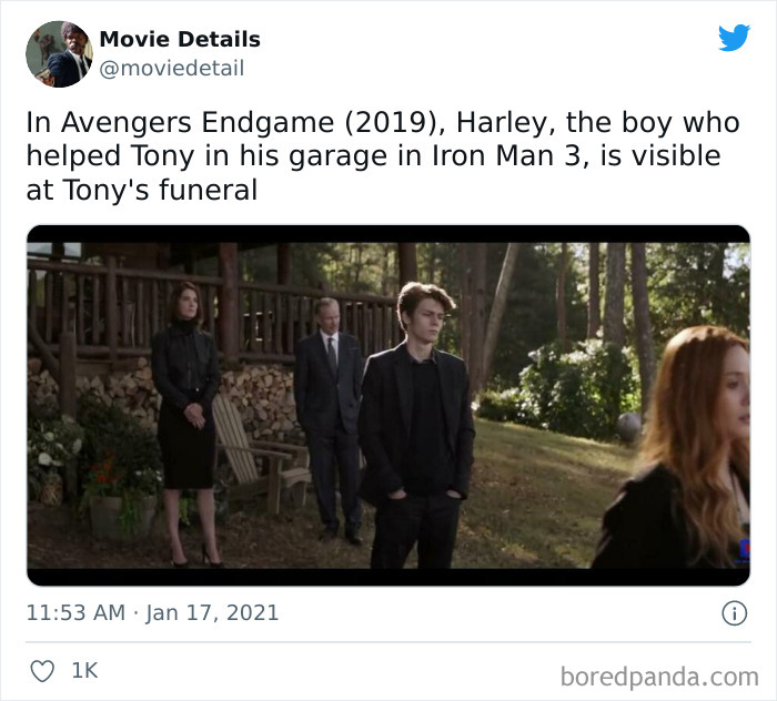 Scene from Avengers Endgame showing an obscure movie Easter egg with Harley at Tony Stark's funeral.