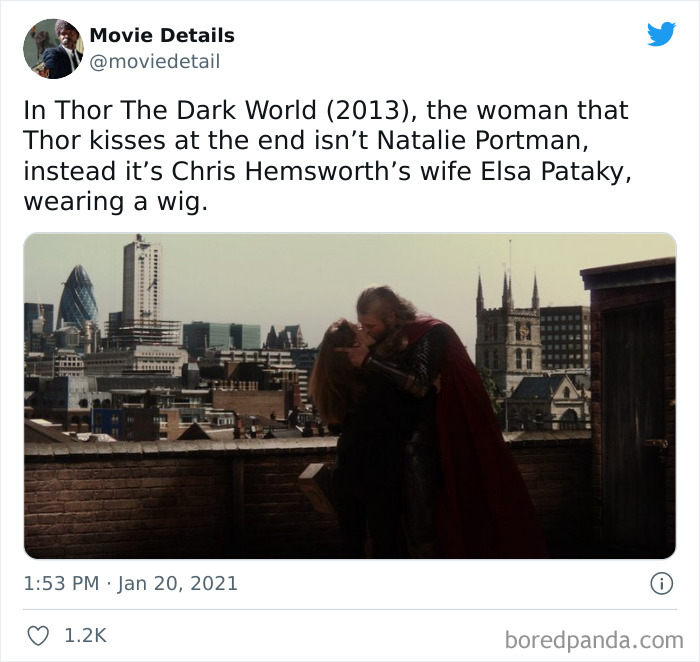 Thor kissing a woman on a rooftop scene from Thor The Dark World, an obscure movie Easter egg shared on Twitter.