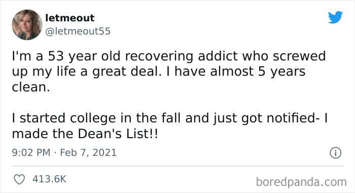 Tweet from a recovering a****t celebrating sobriety and making the Dean's List, a heartwarming wholesome internet moment.