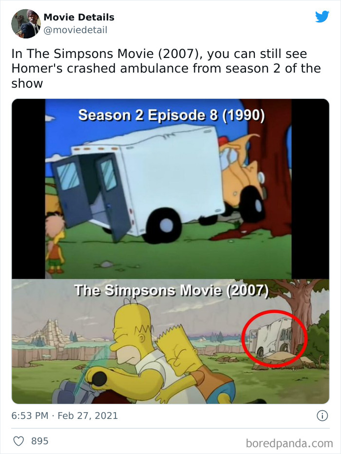 Screenshot from The Simpsons TV show and movie showing a hidden Easter egg with Homer's crashed ambulance in the background.