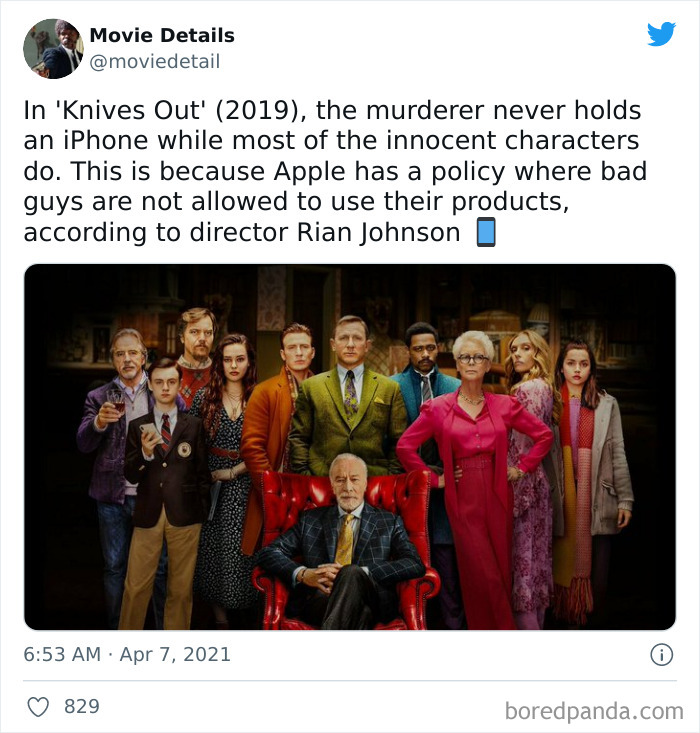 Group photo of Knives Out cast with a tweet explaining an obscure movie Easter egg about Apple’s policy on bad guys using iPhones.