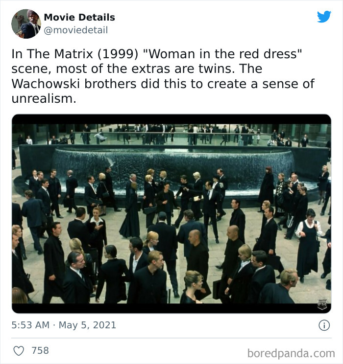 Scene from The Matrix showing many extras dressed similarly to create a sense of unrealism, an obscure movie Easter egg.