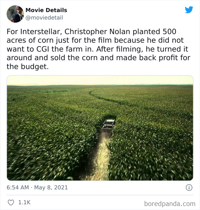 Screenshot of a tweet sharing an obscure movie Easter egg about Interstellar’s real cornfield planting by Christopher Nolan.