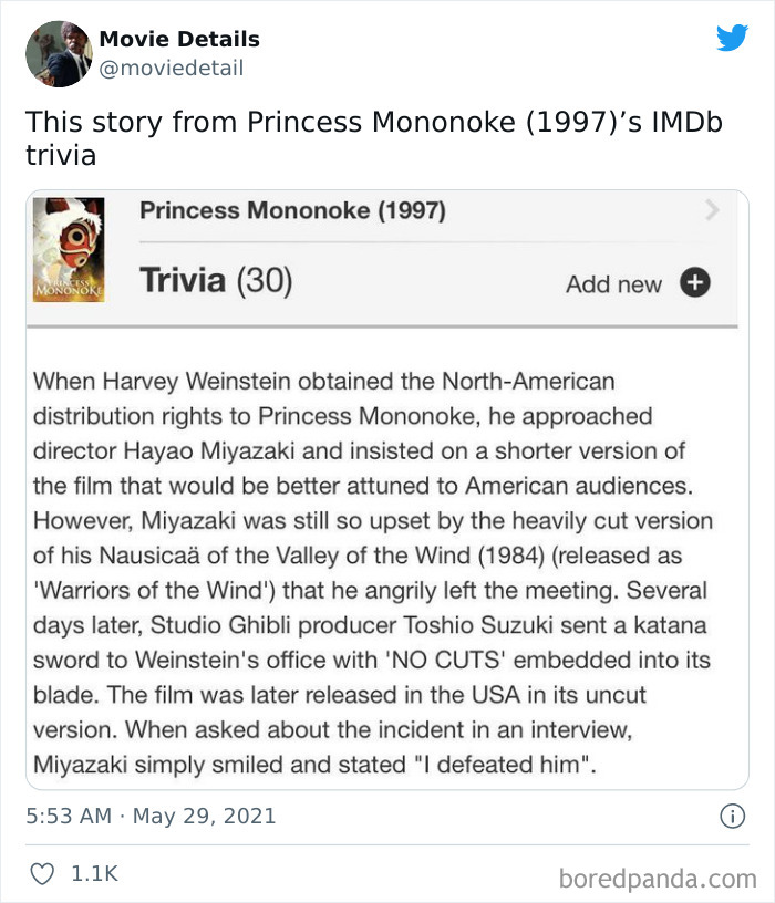 Tweet from Movie Details sharing an obscure movie Easter egg about Princess Mononoke’s distribution and director Hayao Miyazaki.