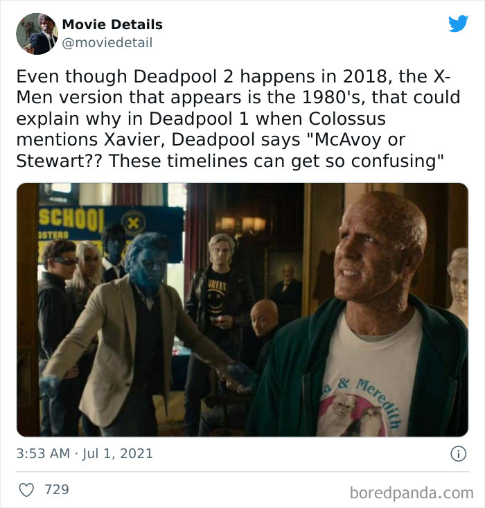 Scene from Deadpool 2 showing characters in a classroom, highlighting obscure movie Easter eggs about timelines and X-Men references.