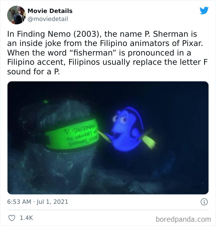 Tweet explaining a Finding Nemo Easter egg about the name P. Sherman, highlighting obscure movie Easter eggs shared on Twitter.