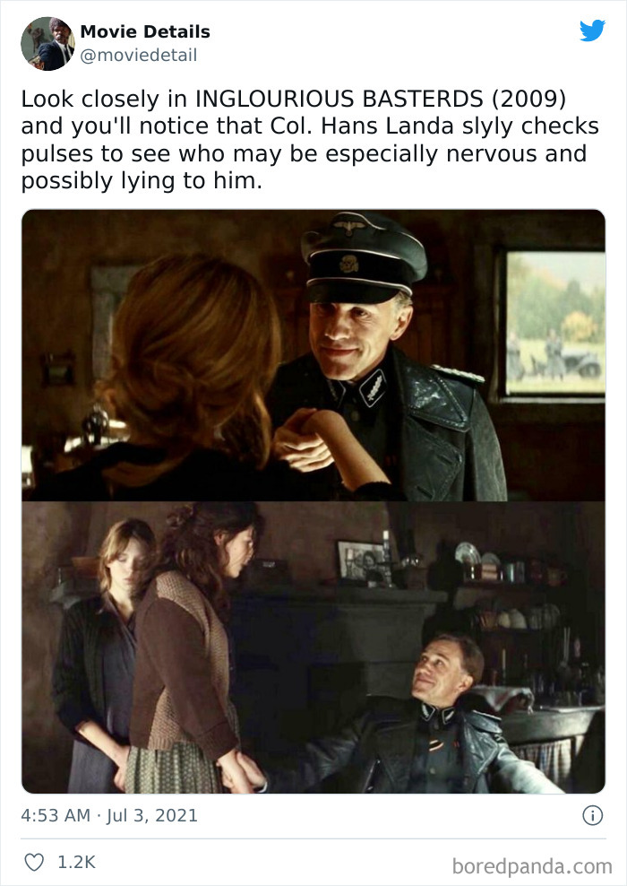 Screenshot from Inglourious Basterds showing a subtle movie Easter egg with Col. Hans Landa checking pulses closely.