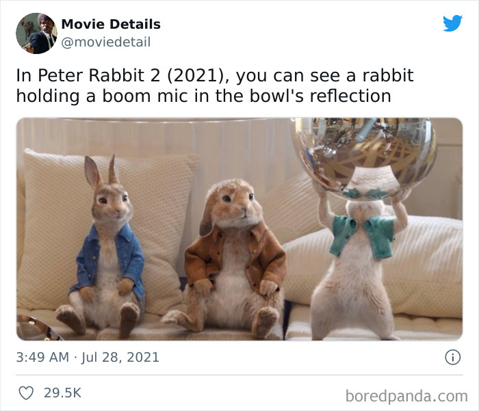 Three animated rabbits from Peter Rabbit 2 sitting on a couch, one holding a reflective bowl showing a boom mic Easter egg.