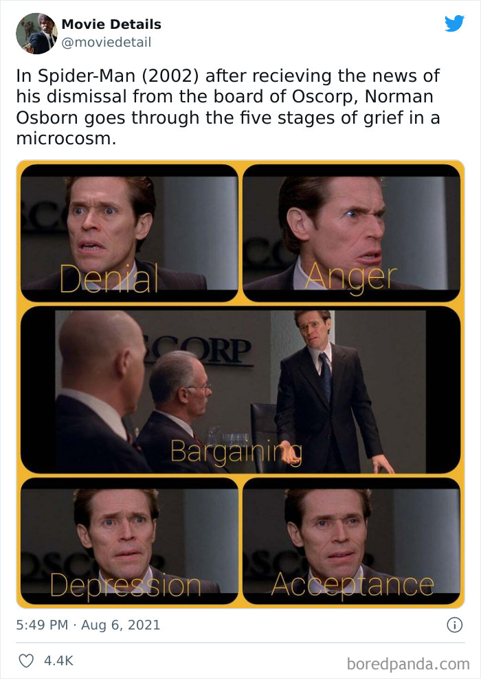 Screenshots from Spider-Man showing Norman Osborn illustrating the five stages of grief, a movie Easter egg detail.