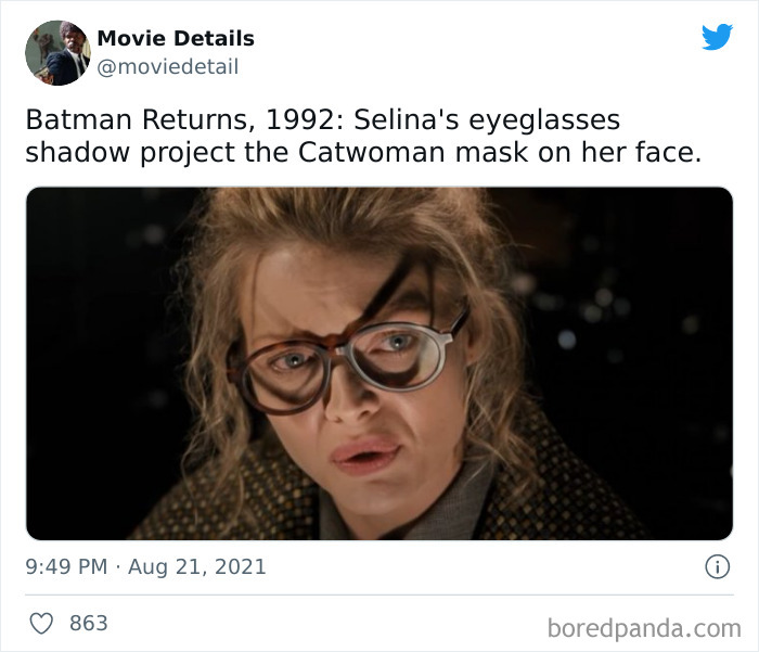 Scene from Batman Returns showing Selina’s eyeglasses casting a shadow that creates a Catwoman mask, a movie Easter egg.