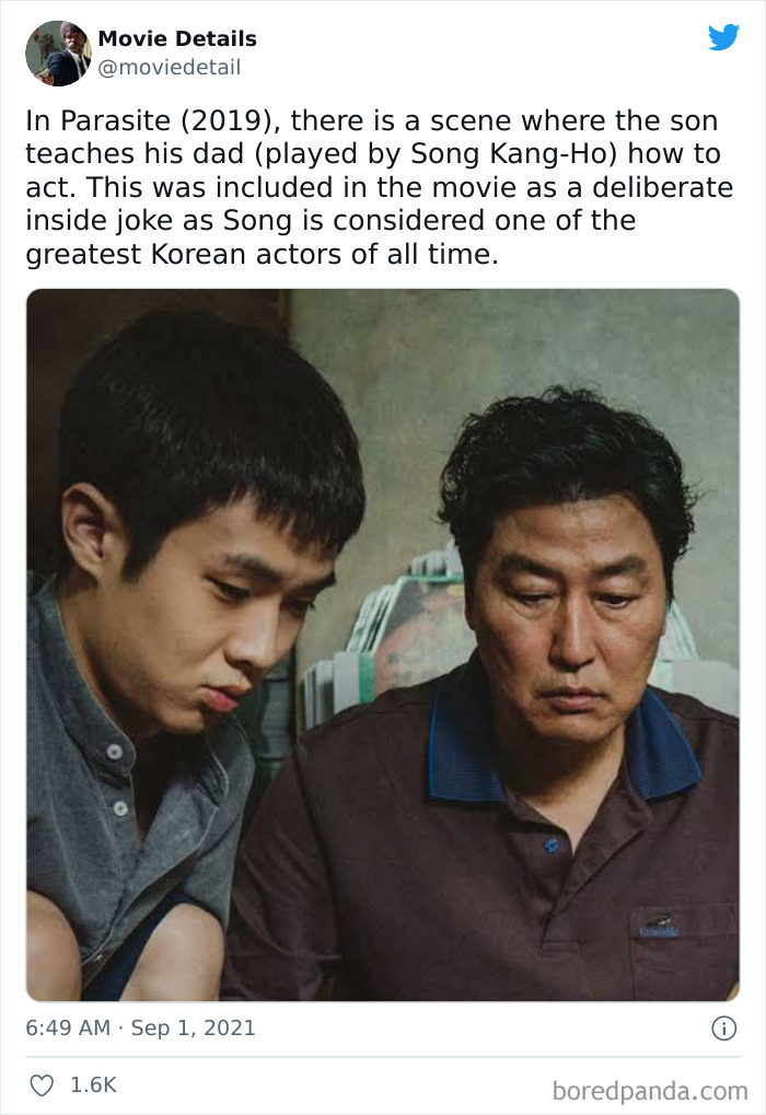 Scene from Parasite showing a son teaching his dad how to act, an example of obscure movie Easter eggs shared on Twitter.
