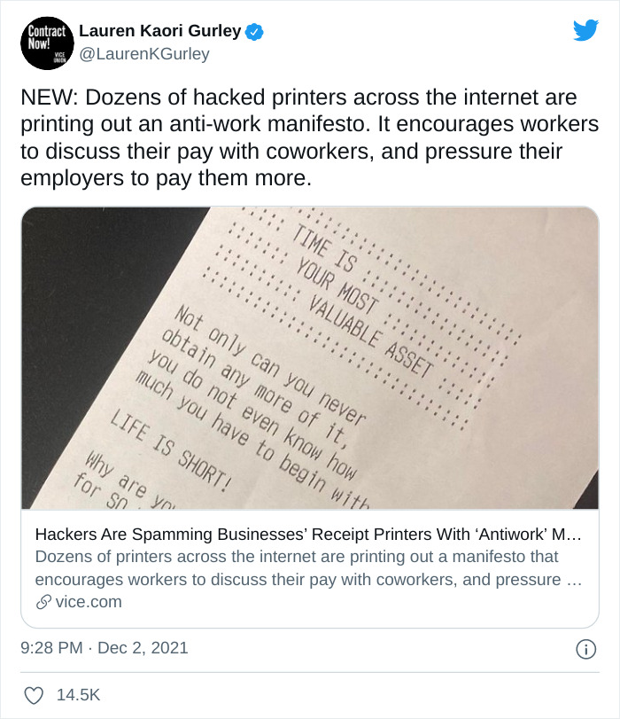 Hackers Attack Businesses' Printers, Make Them Print "Antiwork" Messages Instead Of Receipts