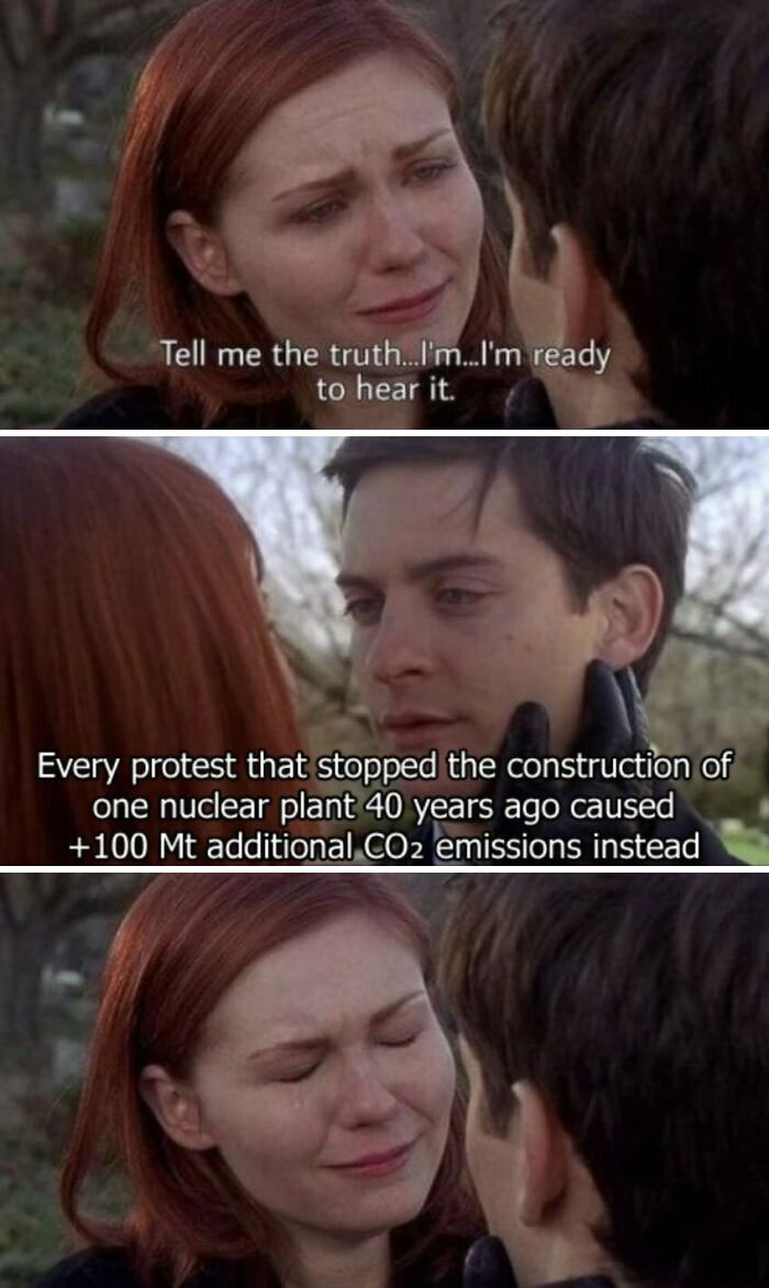 A woman asks for the truth about protests stopping nuclear plants causing more CO2 emissions history meme.