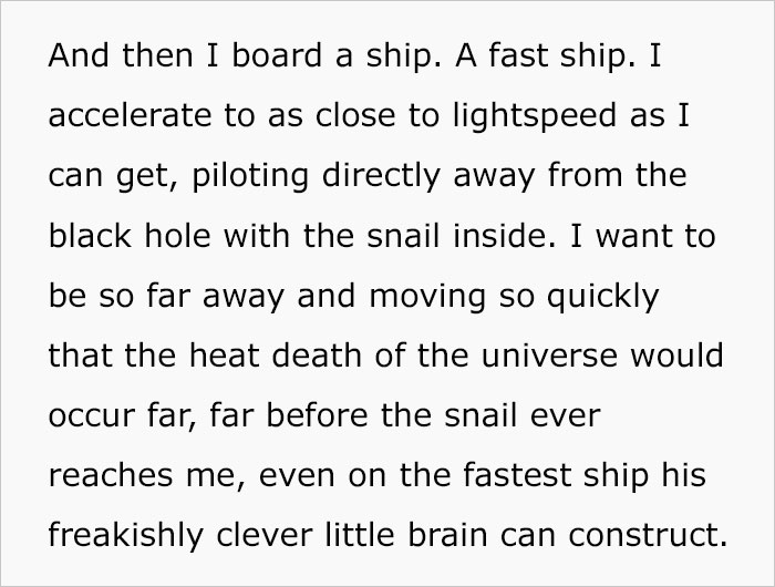 Text excerpt describing an elaborate plan to escape an assassin snail by traveling near lightspeed on a fast ship.