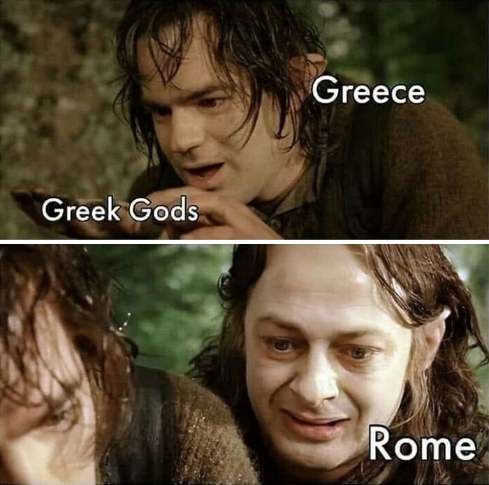 Scene from a movie used in a history meme comparing Greek Gods and Rome, highlighting funny and accurate history memes.