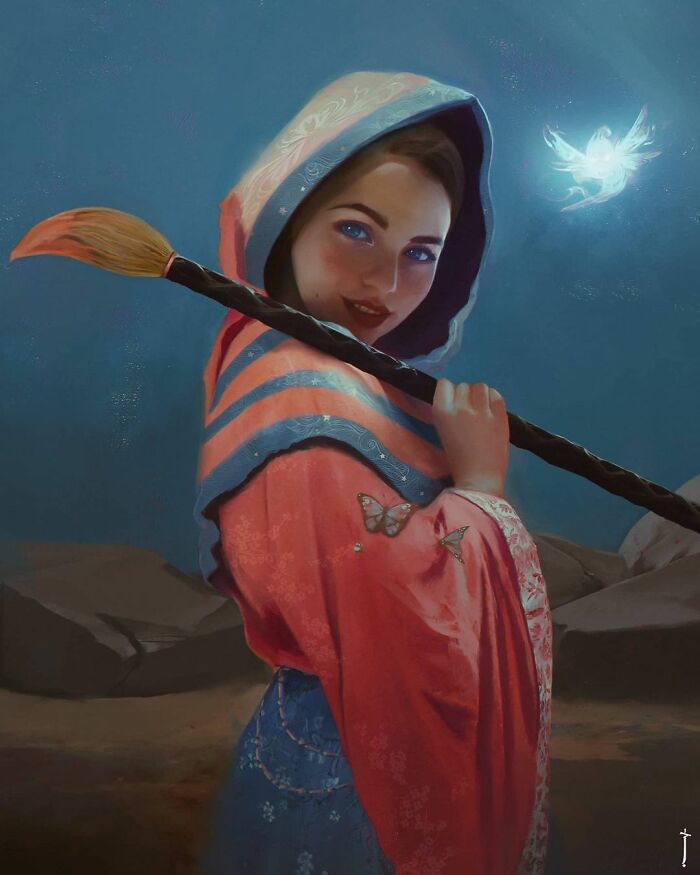 Digital painting of a woman in a hooded cloak holding a brush, surrounded by glowing magic and butterflies, art inspired by depression.