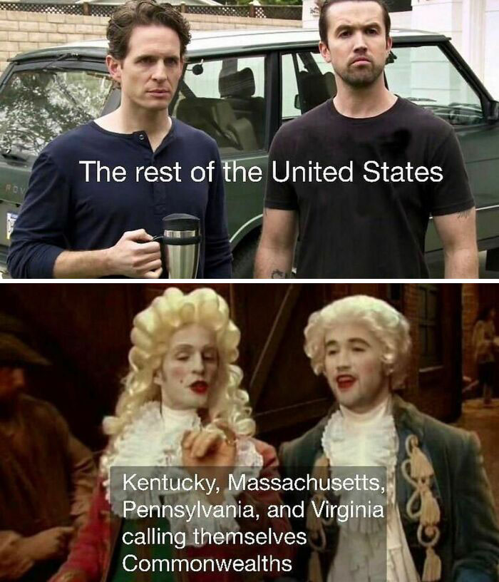 Two-part history meme comparing the rest of the United States to commonwealth states Kentucky, Massachusetts, Pennsylvania, and Virginia.