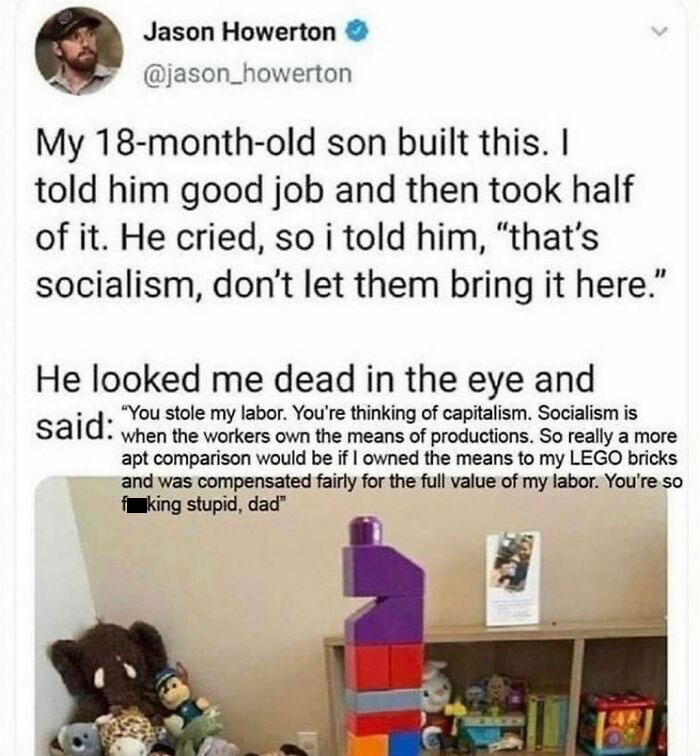 A humorous history meme about socialism and capitalism featuring a conversation between father and 18-month-old son.