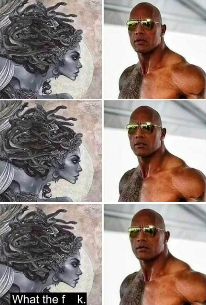 Funny and accurate history meme showing Medusa with snakes and a muscular man wearing sunglasses in a three-panel reaction format.