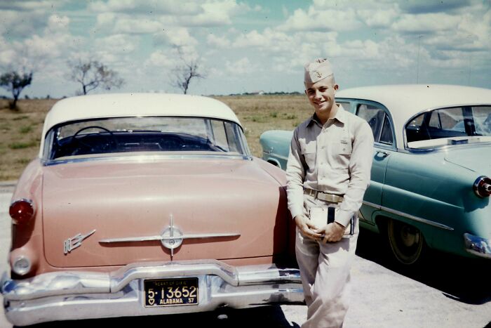 Saluting This Young 22-Year Old As He Is Dropped Off By His Family In South Texas For Naval Flight Training In 1957