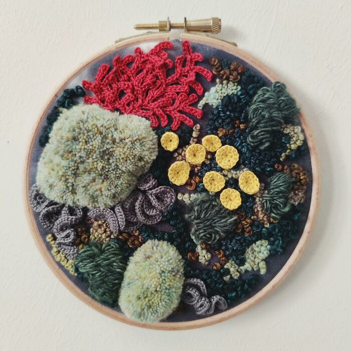 Been Inspired By My Recent Walks To Recreate Some Moss And Lichen. Embroidery Mixed With Some Tiny Crochet
