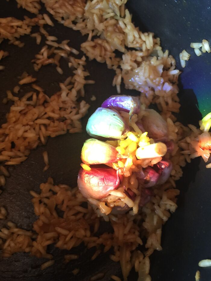 This Garlic Was Hit By Refracted Sunlight Inside The Pan, Coloring Each Clove. Aka Rainbow Garlic