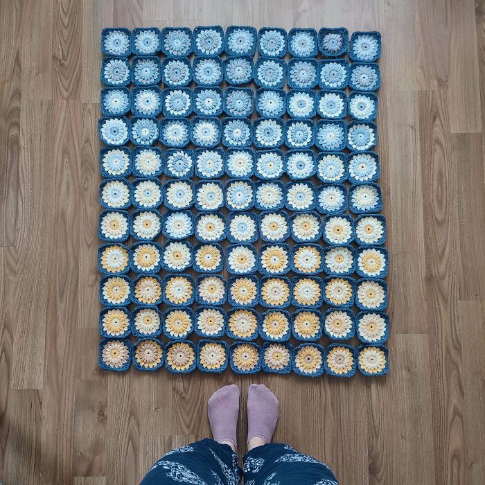 Half Way Done With My Blanket And I Still Can't Decide How To Arrange My Sunburst Granny Squares. What Do You Think, Any Suggestions?