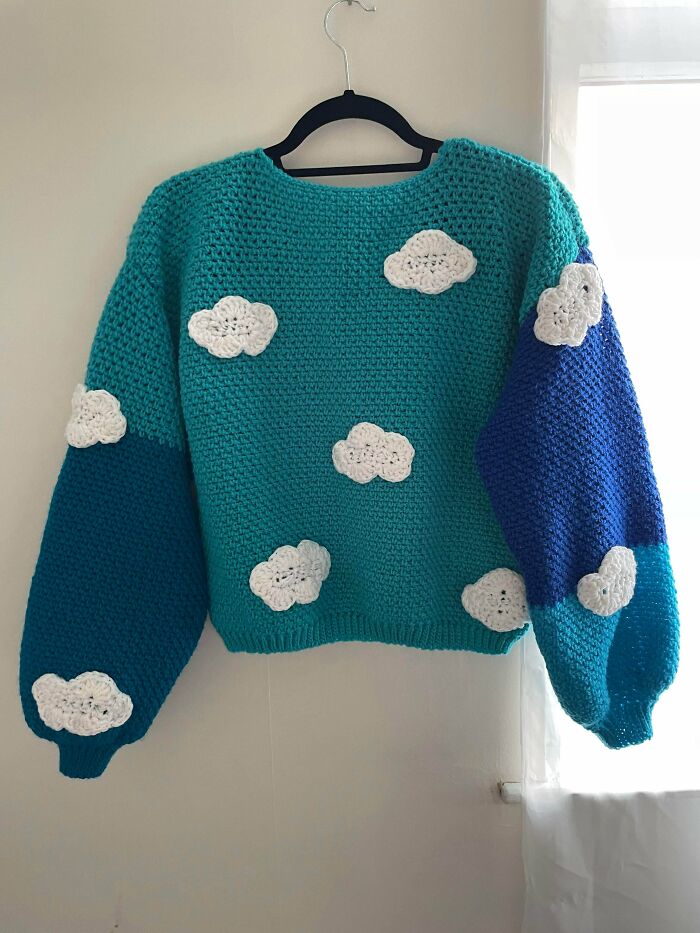 Finally Finished My “Odd Blue Yarn” Stash Busting Jumper. I Think I Love It