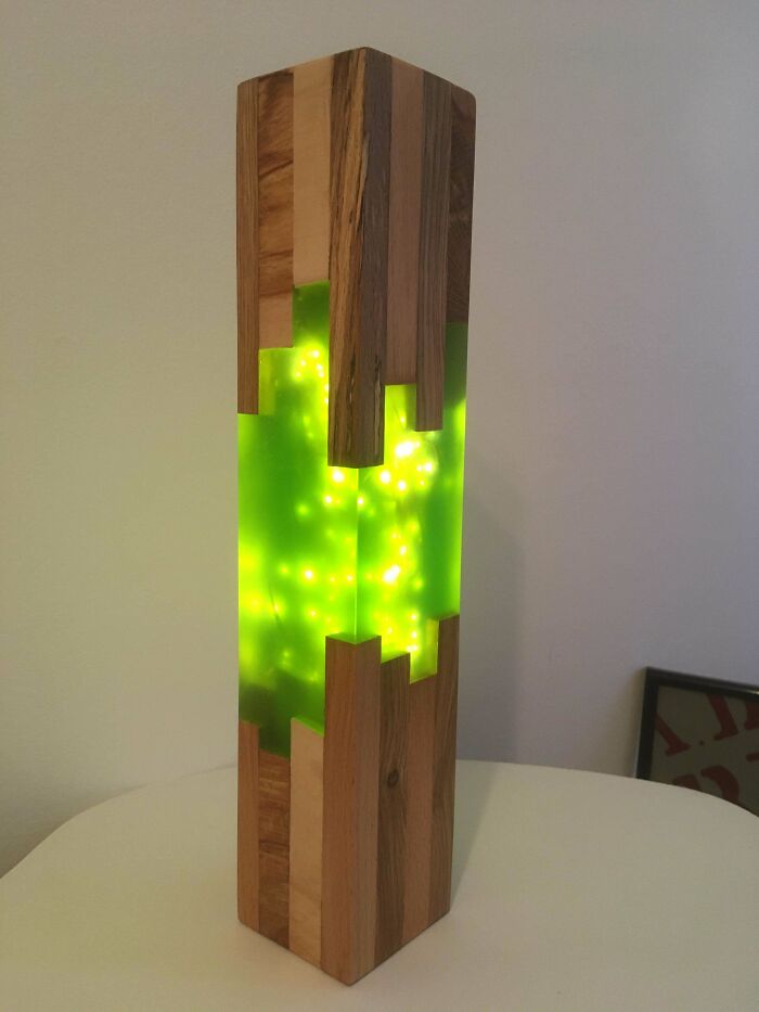 Little Lamp I Made For Some Good Friends As Their Wedding Gift. Made Out Of Oak And Beech Stripes. Cast With Green Resin