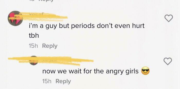 Screenshot of an online group comment thread showing a misunderstanding in women work experiences about periods.