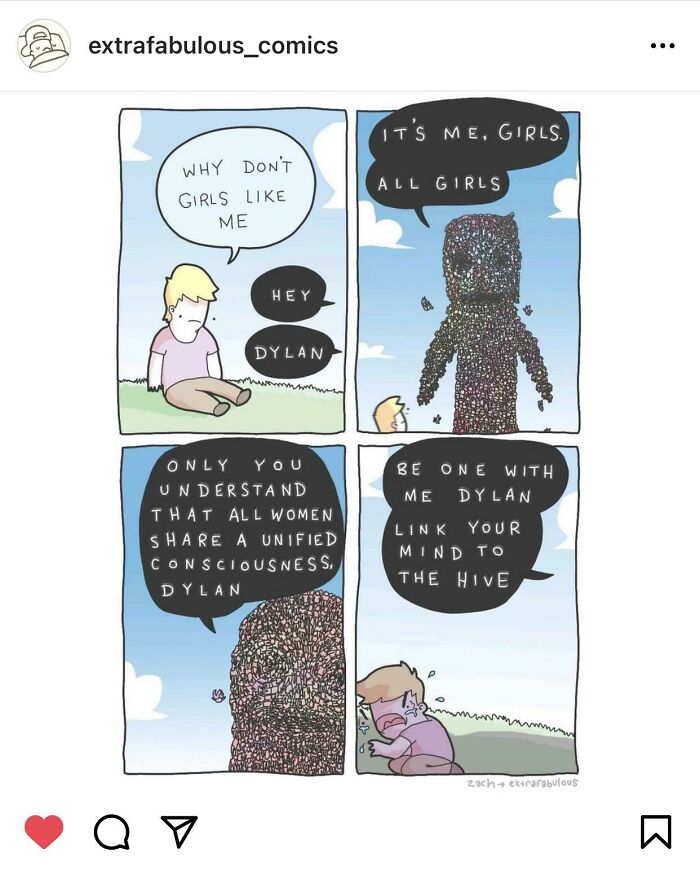 Comic strip showing a boy named Dylan talking to a hive-minded figure about women and shared consciousness.