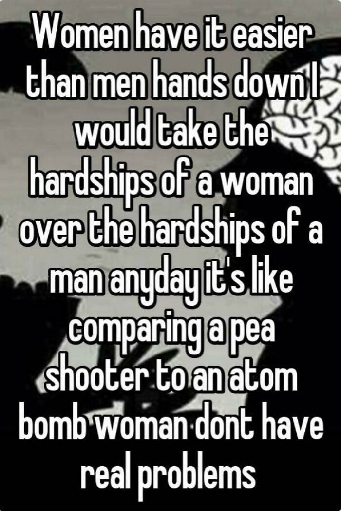 Text-based graphic showing a controversial opinion on gender hardships highlighting moments from women work discussions online.