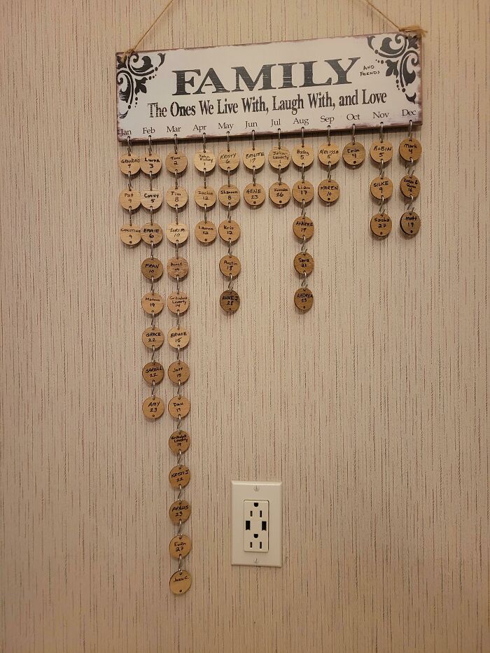 Mi tía tiene este calendario de cumpleaños, nombres en discos y ganchos