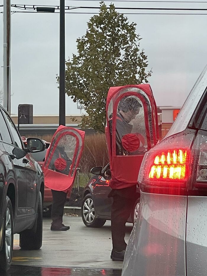 Chick-Fil-A Employees Taking Orders In Their Own Personal Shelters