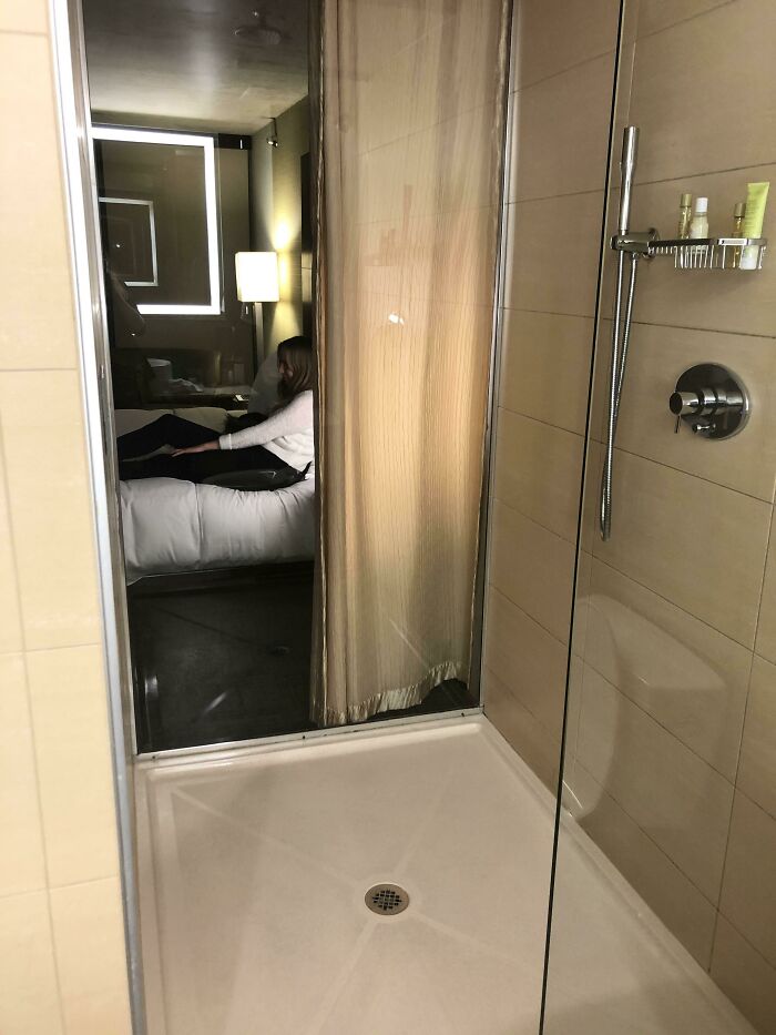 Shower Curtain On The Other Side Of The Shower In The Bedroom