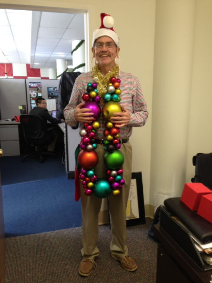 My Dad Did Not Have An Ugly Christmas Sweater To Wear At Work. He Made Do With What He Had Haha