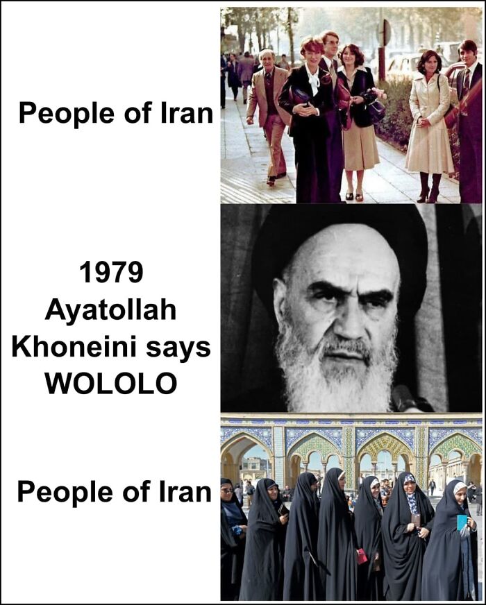 Three-part history meme showing Iran people before and after 1979 ayatollah with humor, illustrating change in Iranian society.