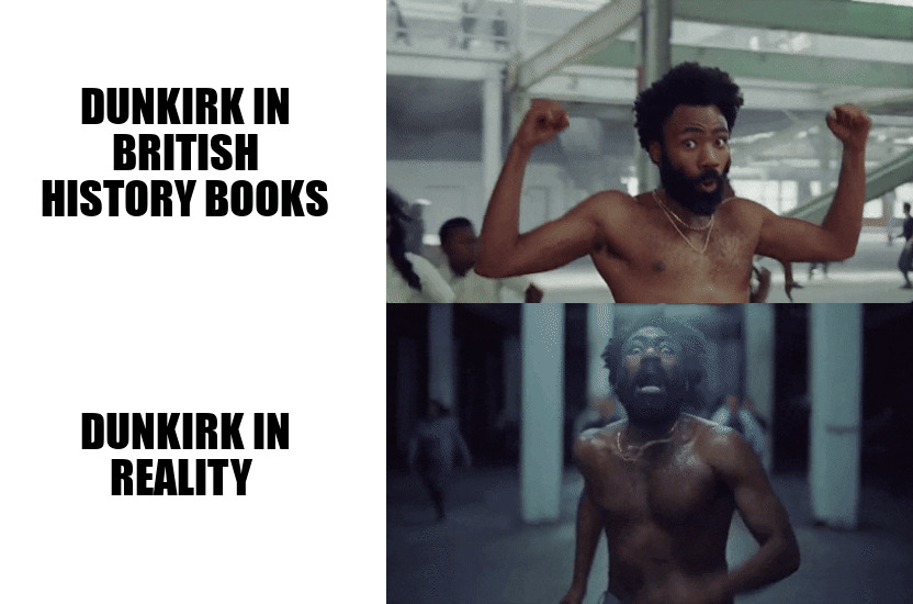 Memes contrasting Dunkirk portrayal in British history books versus reality, showcasing humor in history memes shared online.