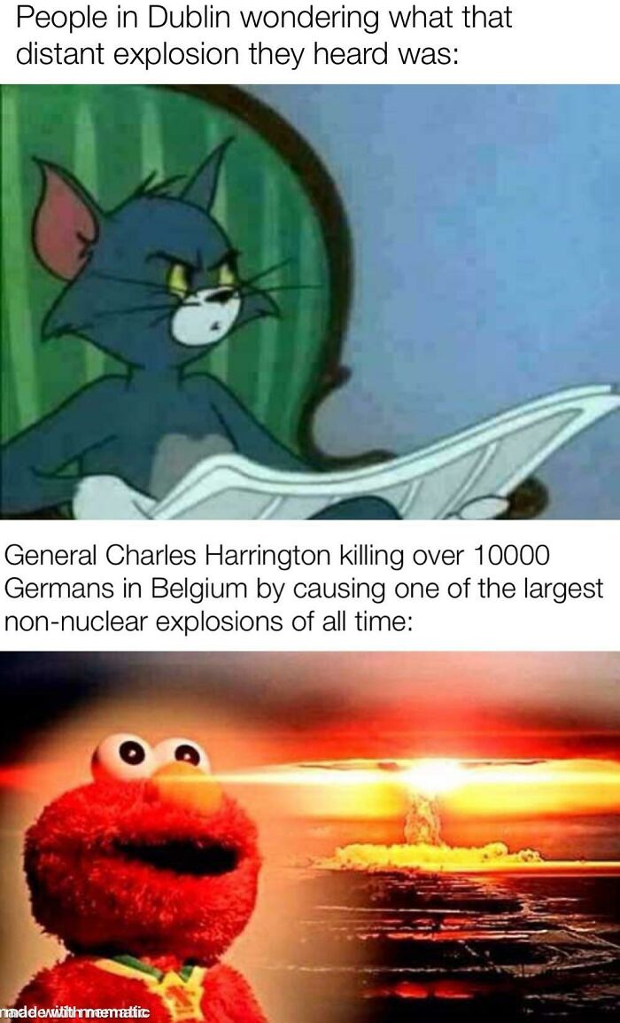 Angry Tom cartoon and surprised Elmo with a large explosion, illustrating a history meme about a major non-nuclear explosion in Belgium.