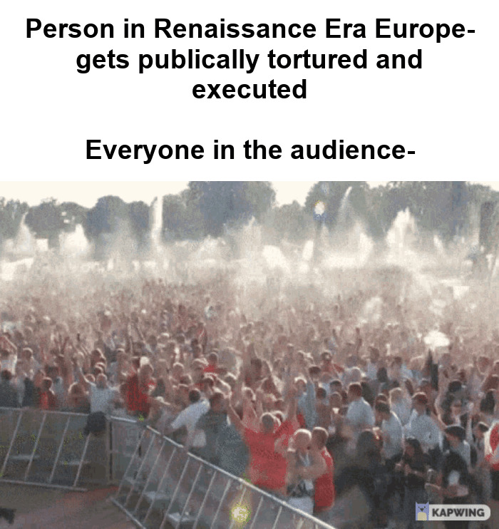 Large crowd cheering enthusiastically at an outdoor event, illustrating funny and accurate history memes shared online.