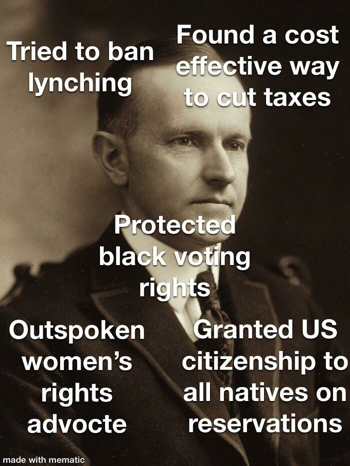 Black and white history meme highlighting key social reforms and voting rights advocated by a historical figure.