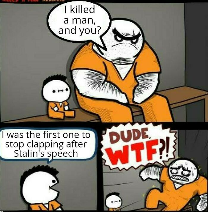 Cartoon prison scene meme with characters humorously referencing history and Stalin's speech in funny history memes.