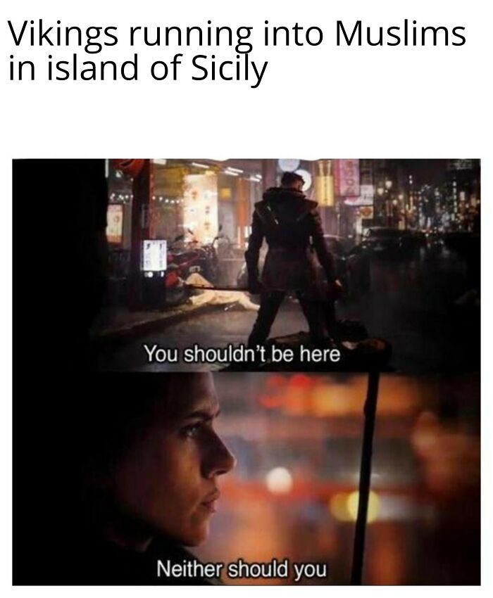 Scene from a meme showing Vikings meeting Muslims in Sicily with captions, highlighting funniest and accurate history memes.