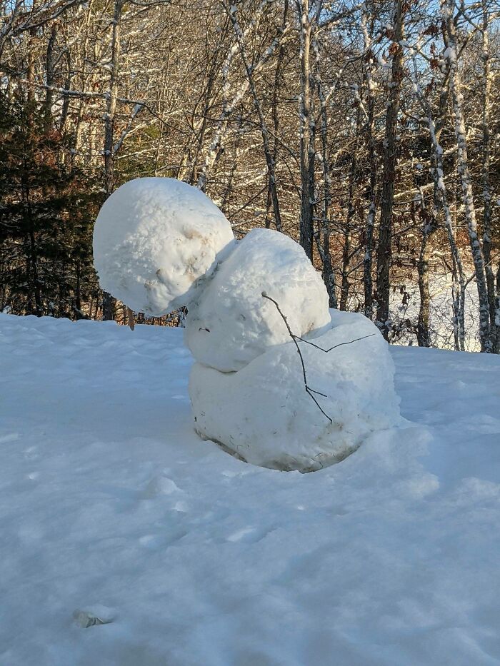 My Snowman Froze At A Funny Angle And Now He Looks Really Bummed Out