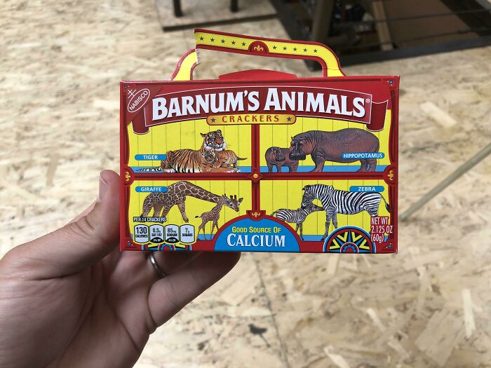Barnum's Animal Crackers box held in hand, featuring nostalgic 90s food branding and animal illustrations.