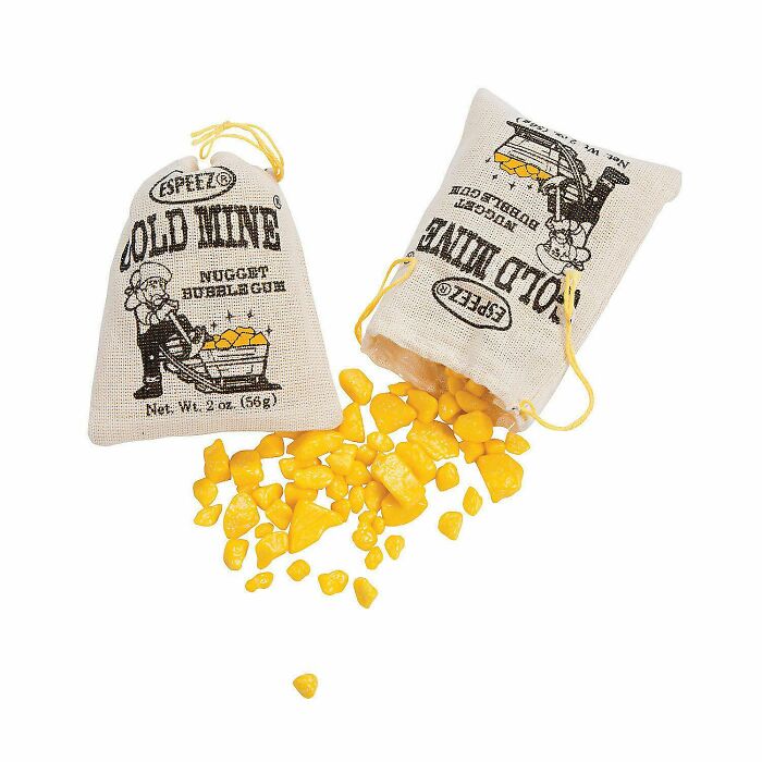 90s foods nostalgia: gold nugget bubblegum spilling from cloth bags.