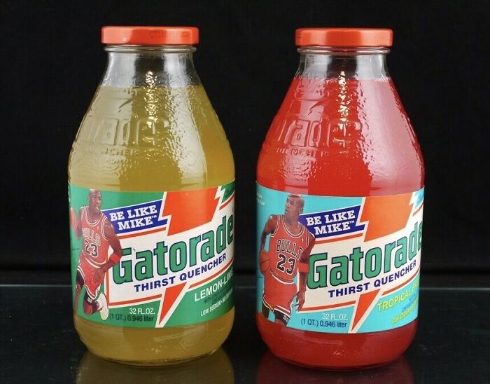 90s nostalgic Gatorade bottles with "Be Like Mike" labels in lemon-lime and tropical flavors.