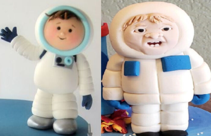 My Son Turned 1 Yesterday. This Was The Topper To His Space Themed Cake. Left Is What We Ordered, Right Is What We Got